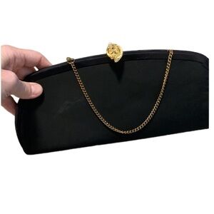 Vintage 60d Black & Gold Leaf Satin Rhinestones Evening Clutch Bag Mob Wife Rare